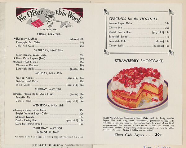 Kelley's Weekly Bulletin including cards from the American Indian Series (D6) to be cut out and pasted in album, issued by the Kelley Baking Company to promote Kelley's Bread. Memorial Day edition, May 24-30, includes Sitting Bull card, No. 16, Issued by Kelley Baking Company, Commercial color lithograph