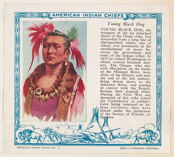 Young Black Dog, No. 7, collector card from the American Indian Series (D6), issued by the Kelley Baking Company to promote Kelley's Bread, Issued by Kelley Baking Company, Commercial color lithograph 