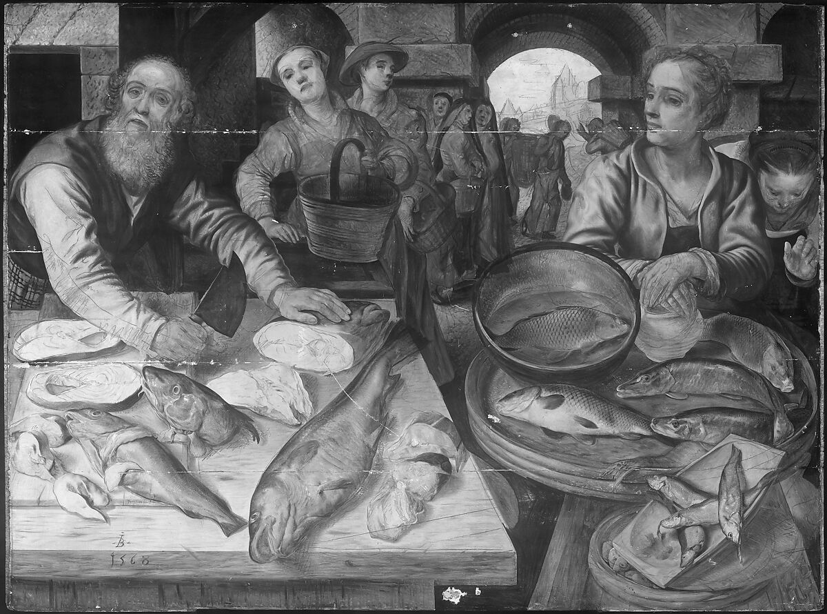 Fish Market, Joachim Beuckelaer (Netherlandish, Antwerp 1533–1575 Antwerp), Oil on Baltic oak