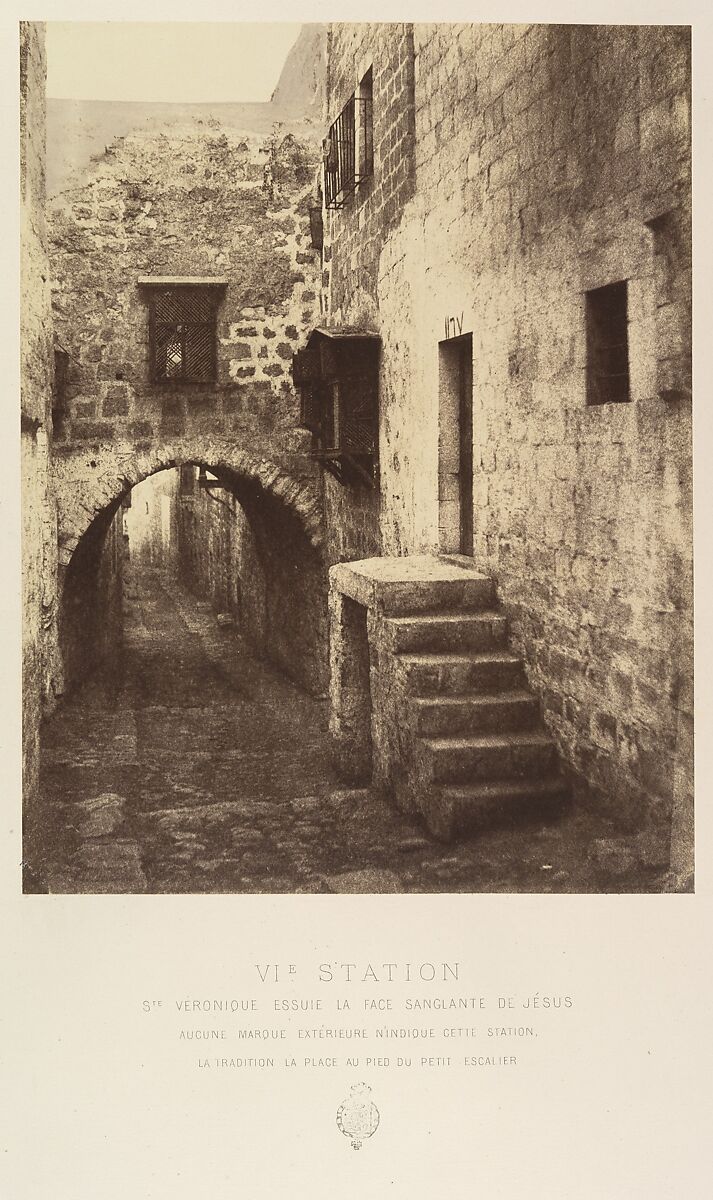 VIe Station. Ste Véronique essuie la face sanglante de Jésus. Aucune marque extérieure n'indique cette station. La tradition la place au pied du petit escalier, Louis de Clercq (French, 1837–1901), Albumen silver print from paper negative 