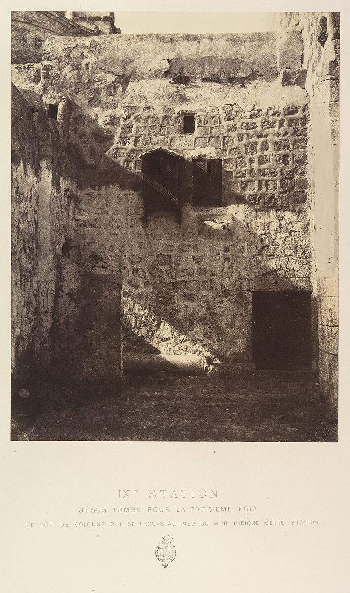 IXe Station. Jésus tombe pour la troisième fois. Le fut de colonne qui se trouve au pied du mur indique cette station., Louis de Clercq (French, 1837–1901), Albumen silver print from paper negative 