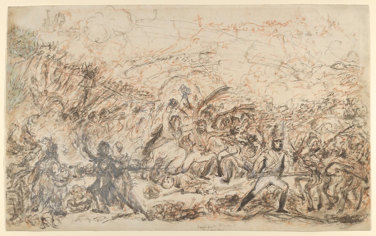 Spanish Patriots Attacking the French Banditti – Loyal Britons Lending a Lift, James Gillray (British, London 1756–1815 London), Pen and gray and brown ink, brush and colored washes 