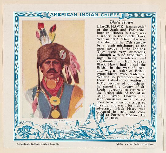 Black Hawk, No. 9, collector card from the American Indian Series (D6), issued by the Kelley Baking Company to promote Kelley's Bread