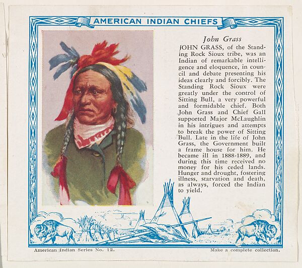 John Grass, No. 12, collector card from the American Indian Series (D6), issued by the Kelley Baking Company to promote Kelley's Bread, Issued by Kelley Baking Company, Commercial color lithograph 