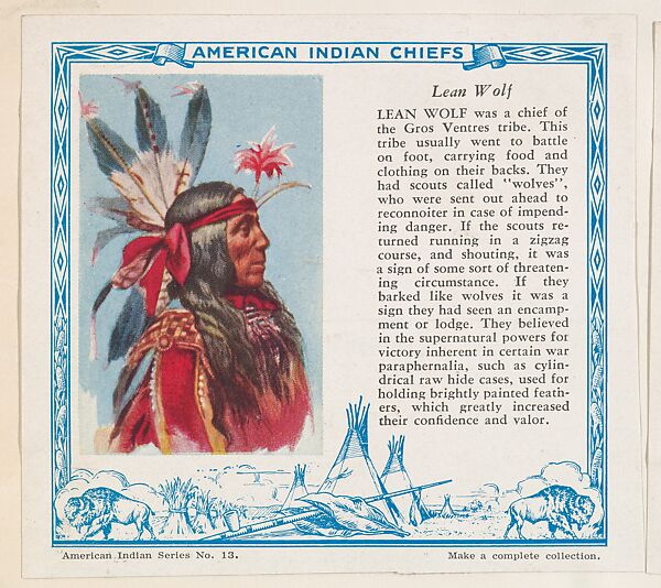 Lean Wolf, No. 13, collector card from the American Indian Series (D6), issued by the Kelley Baking Company to promote Kelley's Bread, Issued by Kelley Baking Company, Commercial color lithograph 
