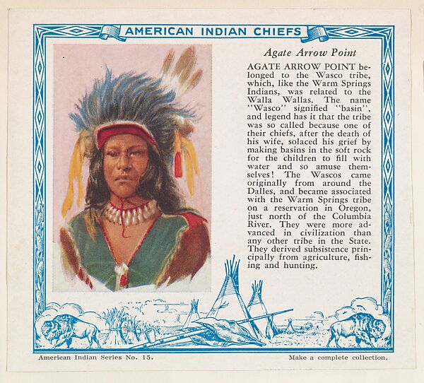Agate Arrow Point, No. 15, collector card from the American Indian Series (D6), issued by the Kelley Baking Company to promote Kelley's Bread, Issued by Kelley Baking Company, Commercial color lithograph 
