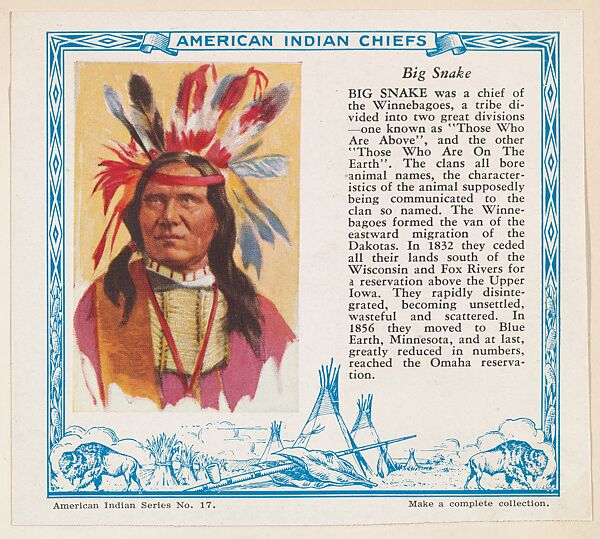 Big Snake, No. 17, collector card from the American Indian Series (D6), issued by the Kelley Baking Company to promote Kelley's Bread, Issued by Kelley Baking Company, Commercial color lithograph 