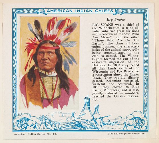 Big Snake, No. 17, collector card from the American Indian Series (D6), issued by the Kelley Baking Company to promote Kelley's Bread