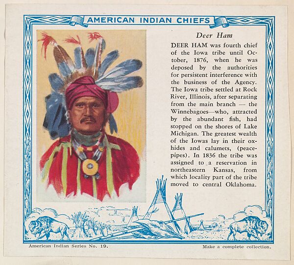 Deer Ham, No. 19, collector card from the American Indian Series (D6), issued by the Kelley Baking Company to promote Kelley's Bread, Issued by Kelley Baking Company, Commercial color lithograph 