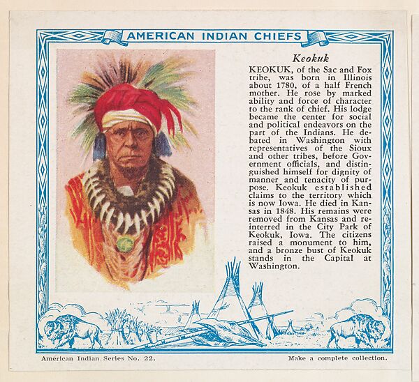 Koekuk, No. 22, collector card from the American Indian Series (D6), issued by the Kelley Baking Company to promote Kelley's Bread, Issued by Kelley Baking Company, Commercial color lithograph 