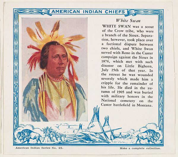 White Swan, No. 25, collector card from the American Indian Series (D6), issued by the Kelley Baking Company to promote Kelley's Bread, Issued by Kelley Baking Company, Commercial color lithograph 
