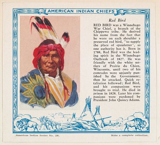 Red Bird, No. 28, collector card from the American Indian Series (D6), issued by the Kelley Baking Company to promote Kelley's Bread