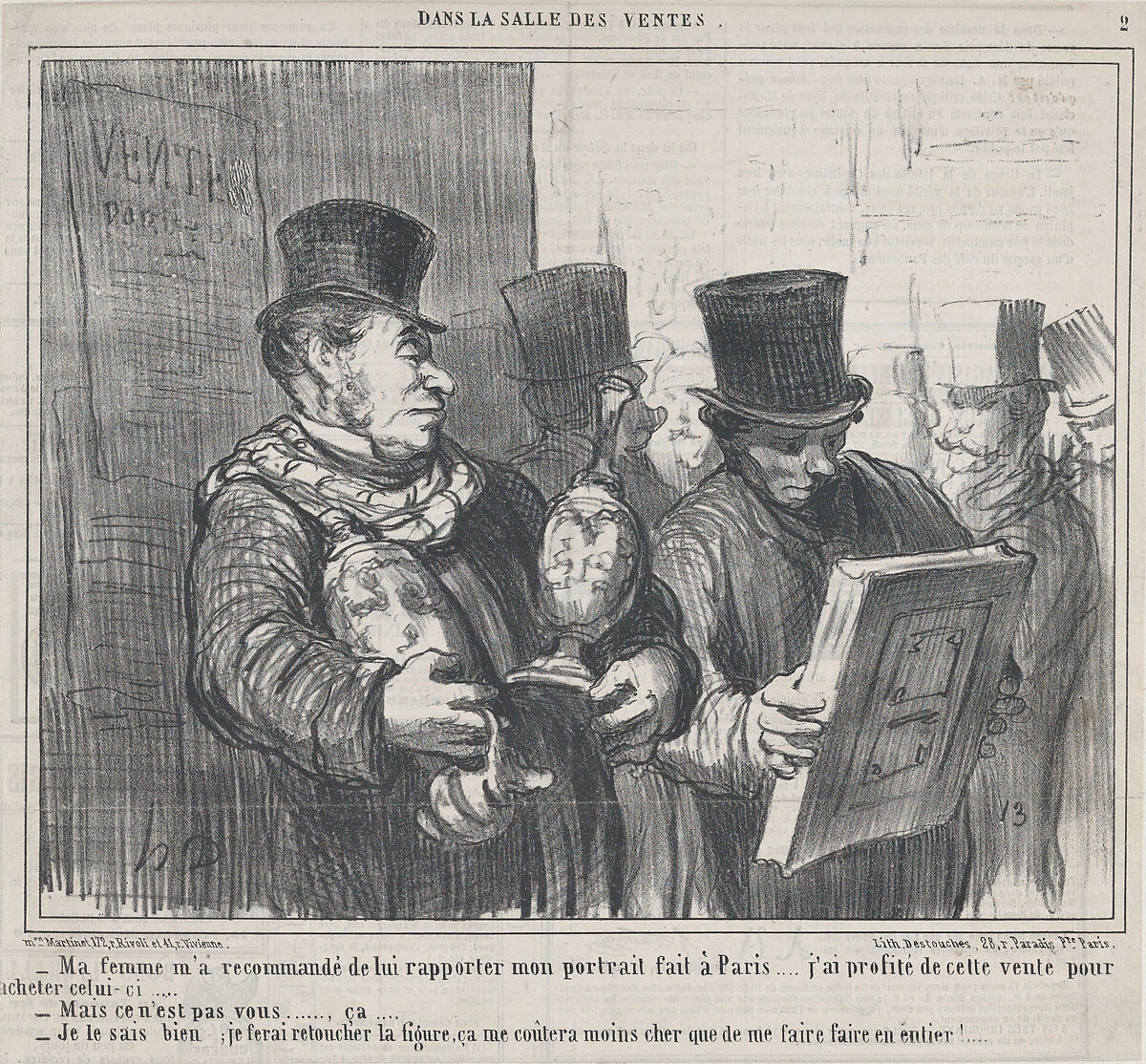 Ma femme m'a recommandé de lui rapporter mon portrait fait à Paris..., from Dans la Salle des Ventes, published in Le Charivari, April 4, 1859, Honoré Daumier (French, Marseilles 1808–1879 Valmondois), Lithograph on newsprint; second state of two (Delteil) 