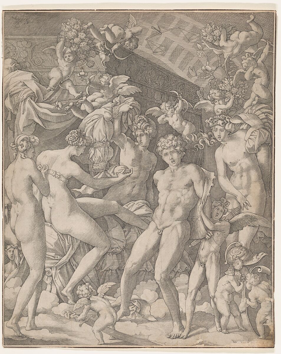 Venus and Mars with cupid and the Three Graces, Master HCB (active Rome, 1565), Engraving 