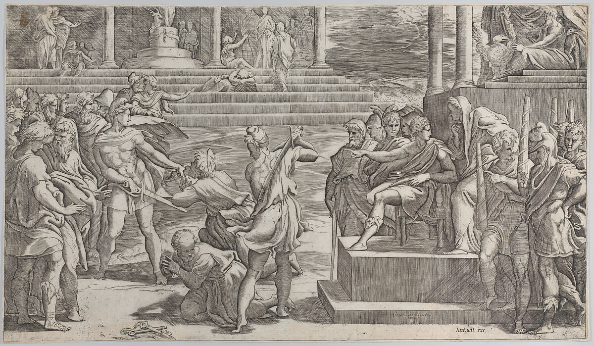 The martyrdom of Saint Paul and the condemnation of Saint Peter, Giovanni Jacopo Caraglio (Italian, Parma or Verona ca. 1500/1505–1565 Krakow (?)), Engraving; third state of three 