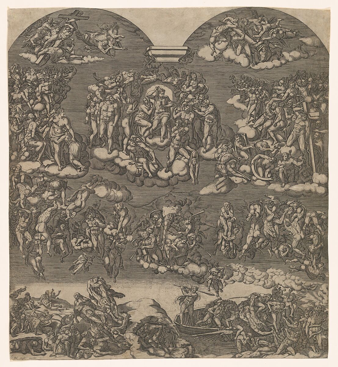 The Last Judgment, Christ at top center surrounded by many figures, below figures sound trumpets and people are being forced from the boat into hell, Anonymous, Engraving 