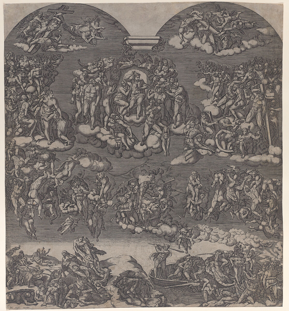 The Last Judgment, Christ at top center surrounded by many figures, below figures sound trumpets and people are being forced from the boat into hell, Anonymous, Engraving