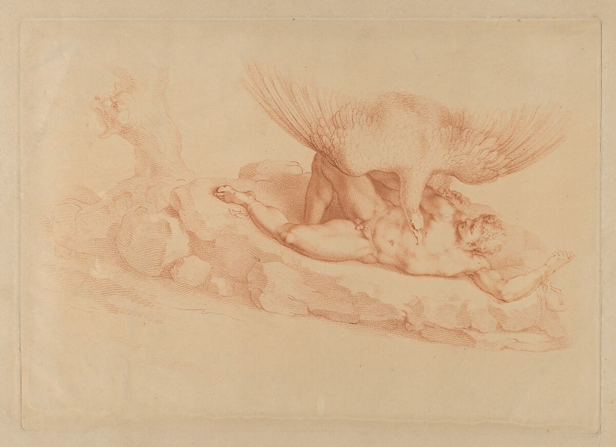 Prometheus, naked, chained to a rock, looking up at an eagle standing over him, Francesco Bartolozzi (Italian, Florence 1728–1815 Lisbon), Crayon-manner in red ink 