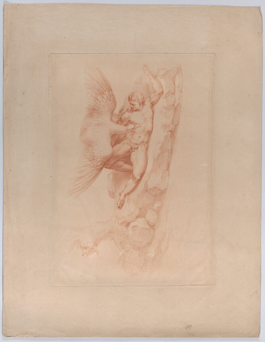 Prometheus, naked, chained to a rock, looking up at an eagle standing over him, Francesco Bartolozzi (Italian, Florence 1728–1815 Lisbon), Crayon-manner in red ink