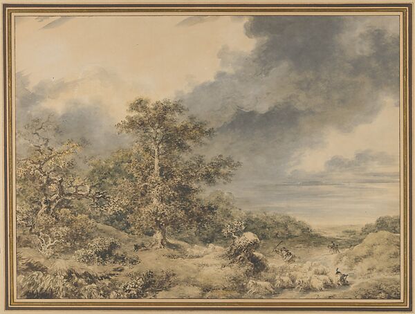 Landscape with Stormy Sky, Jean Honoré Fragonard (French, Grasse 1732–1806 Paris), Brown and gray wash with watercolor over black chalk 