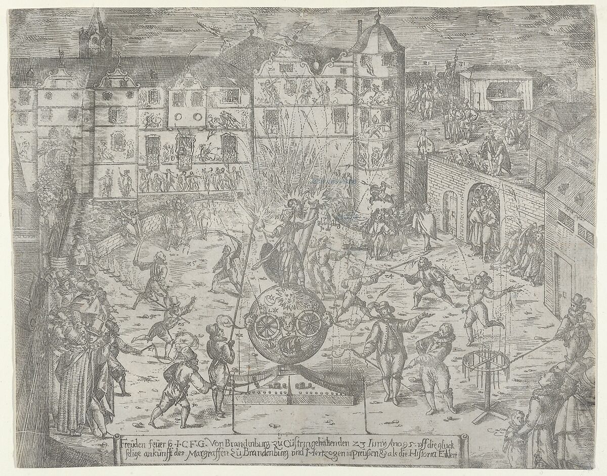 Fireworks on June 23, 1595, for the entry to Küstrin of the Margrave of Brandenburg and Duchess of Prussia, Possibly by Georg Keller (German, Frankfurt am Main 1568–1634 Frankfurt am Main), Etching 
