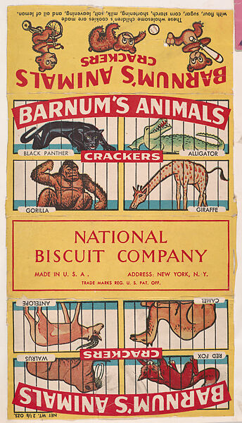 Barnum's Animals Crackers packaging featuring images of Black Panther, Alligator, Gorilla, Giraffe, Antelope, Camel, Walrus, Red Fox; part of the Barnums Animals series (D14), issued by the National Biscuit Company to promote their product, Barnum's Animals Crackers, Issued by National Biscuit Company, Commercial color lithograph 