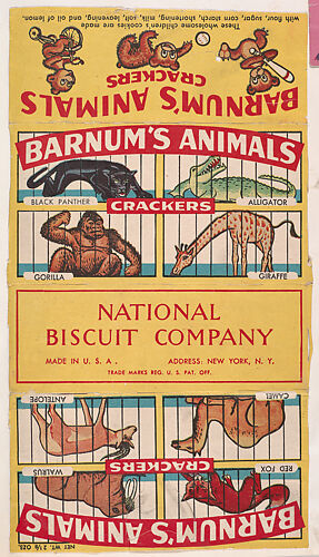 Barnum's Animals Crackers packaging featuring images of Black Panther, Alligator, Gorilla, Giraffe, Antelope, Camel, Walrus, Red Fox; part of the Barnums Animals series (D14), issued by the National Biscuit Company to promote their product, Barnum's Animals Crackers