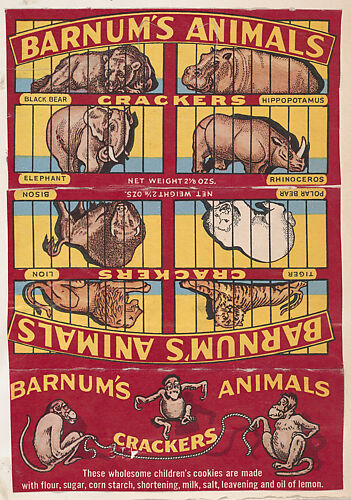 Barnum's Animals Crackers packaging featuring images of Black Bear, Hippopotamus, Elephant, Rhinoceros, Bison, Polar Bear, Lion, Tiger; part of the Barnums Animals series (D14), issued by the National Biscuit Company to promote their product, Barnum's Animals Crackers