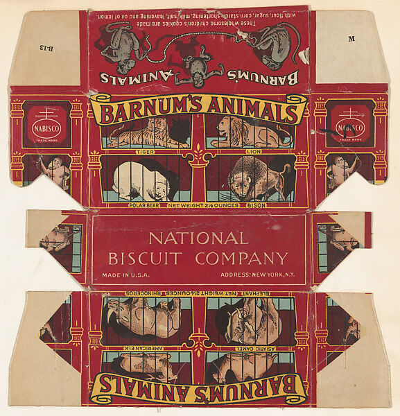 Barnum's Animals Crackers packaging featuring images of Tiger, Lion, Polar Bear, Bison, Rhinoceros, Elephant, American Elk, Asiatic Camel; part of the Barnums Animals series (D14), issued by the National Biscuit Company to promote their product, Barnum's Animals Crackers, Issued by National Biscuit Company, Commercial color lithograph 
