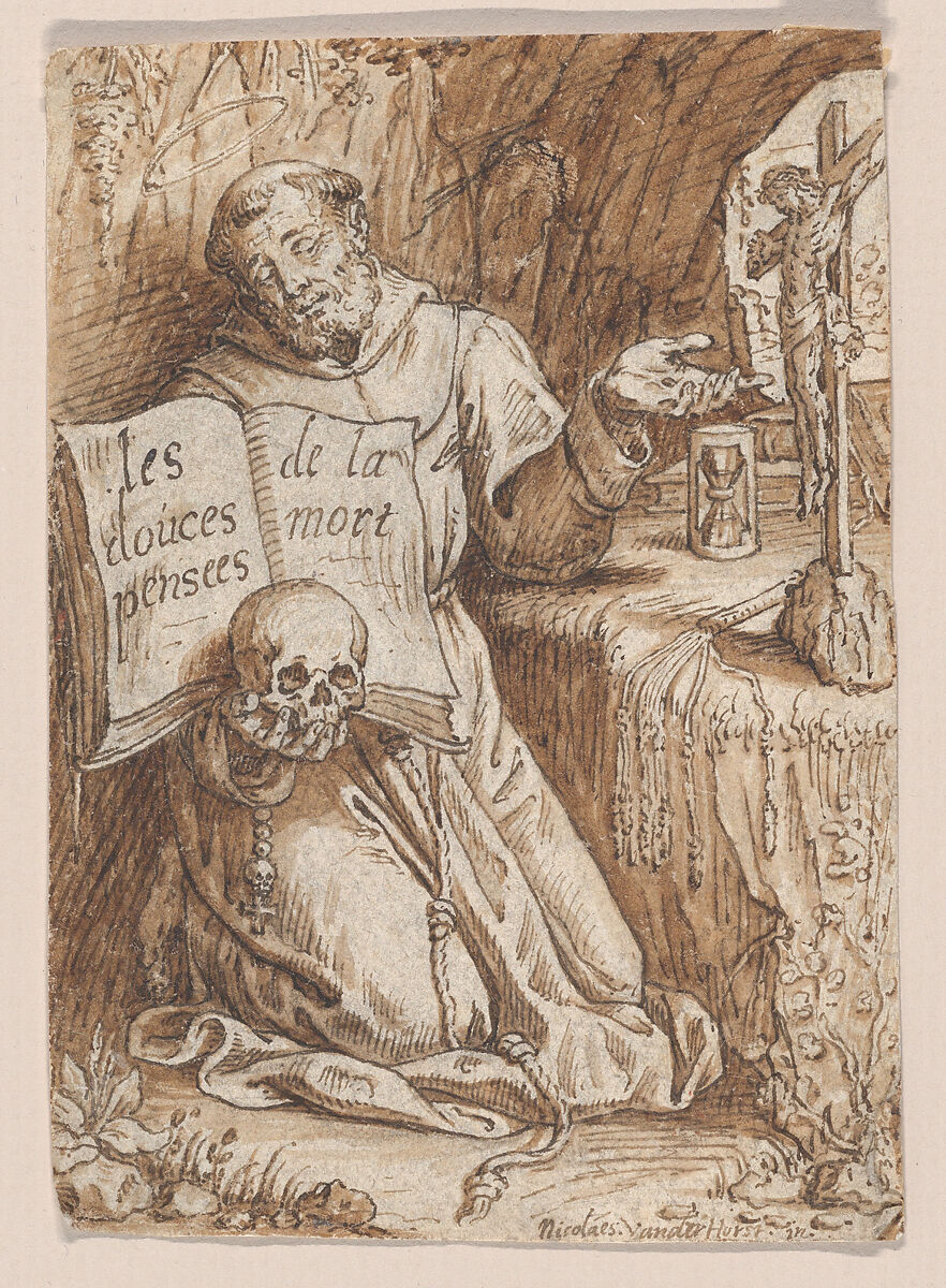 Saint Francis Kneeling in a Grotto, holding a Book and a Skull, Nicolaas van der Horst (Flemish, Antwerp 1587/98–1646 Brussels), Pen and brown ink, brown washes; incised for transfer 