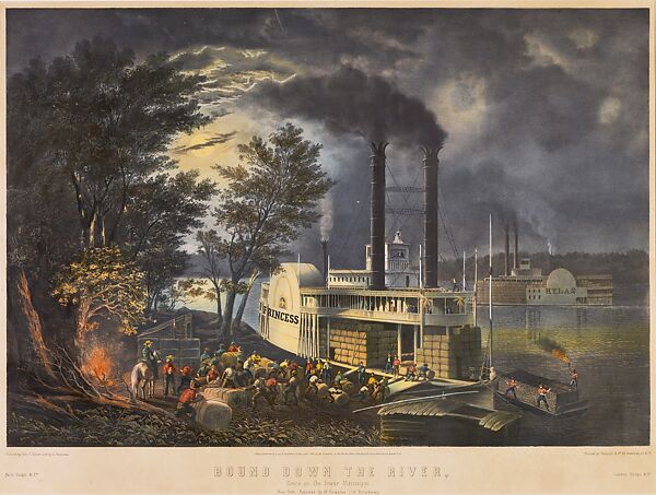 Bound Down the River, Scene on the Lower Mississippi, George Fuller (American, Deerfield, Massachusetts 1822–1884 Brookline, Massachusetts), Toned lithograph with applied watercolor on paper, American 