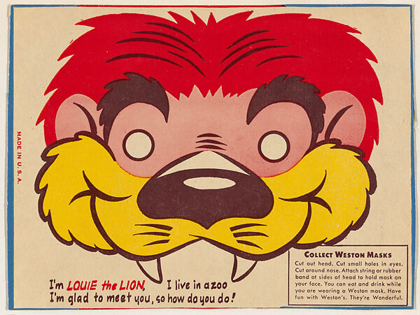 Louie the Lion, bakery card from the Animal Masks series (D13), issued by Weston's Animal Crackers, Issued by Weston&#39;s Animal Crackers, Commercial color lithograph 