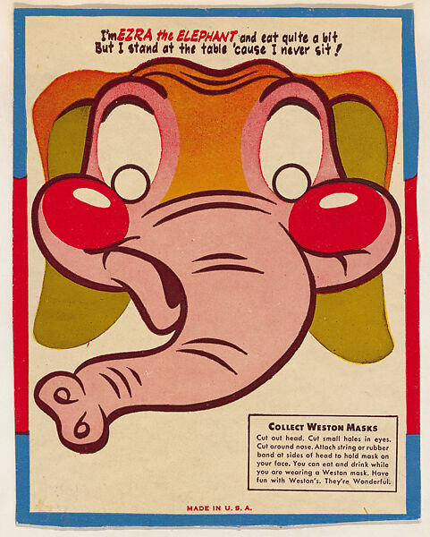 Ezra the Elephant, bakery card from the Animal Masks series (D13), issued by Weston's Animal Crackers, Issued by Weston&#39;s Animal Crackers, Commercial color lithograph 