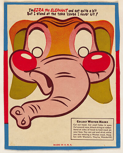 Ezra the Elephant, bakery card from the Animal Masks series (D13), issued by Weston's Animal Crackers