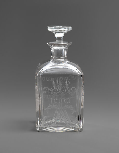Cologne decanter, Louis Friedrich Vaupel (1824–1930), Glass, cut and engraved, American