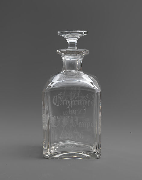 Cologne decanter, Louis Friedrich Vaupel (1824–1930), Glass, cut and engraved, American
