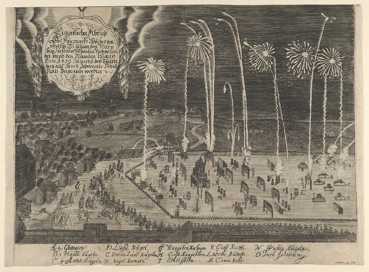 A faithful representation of the fireworks display presented by Johann Müller as proof of his Mastership, Johannis Schiessplatz, Nuremberg, 1659, Anonymous, Engraving 
