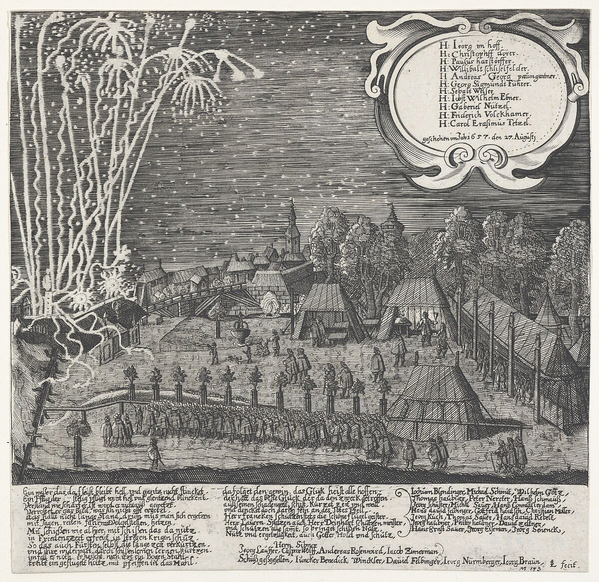 Fireworks display given by the Archery Company of Nuremberg, August 27, 1657, Lukas Schnitzer (German, ca. 1633–ca. 1671), Engraving 