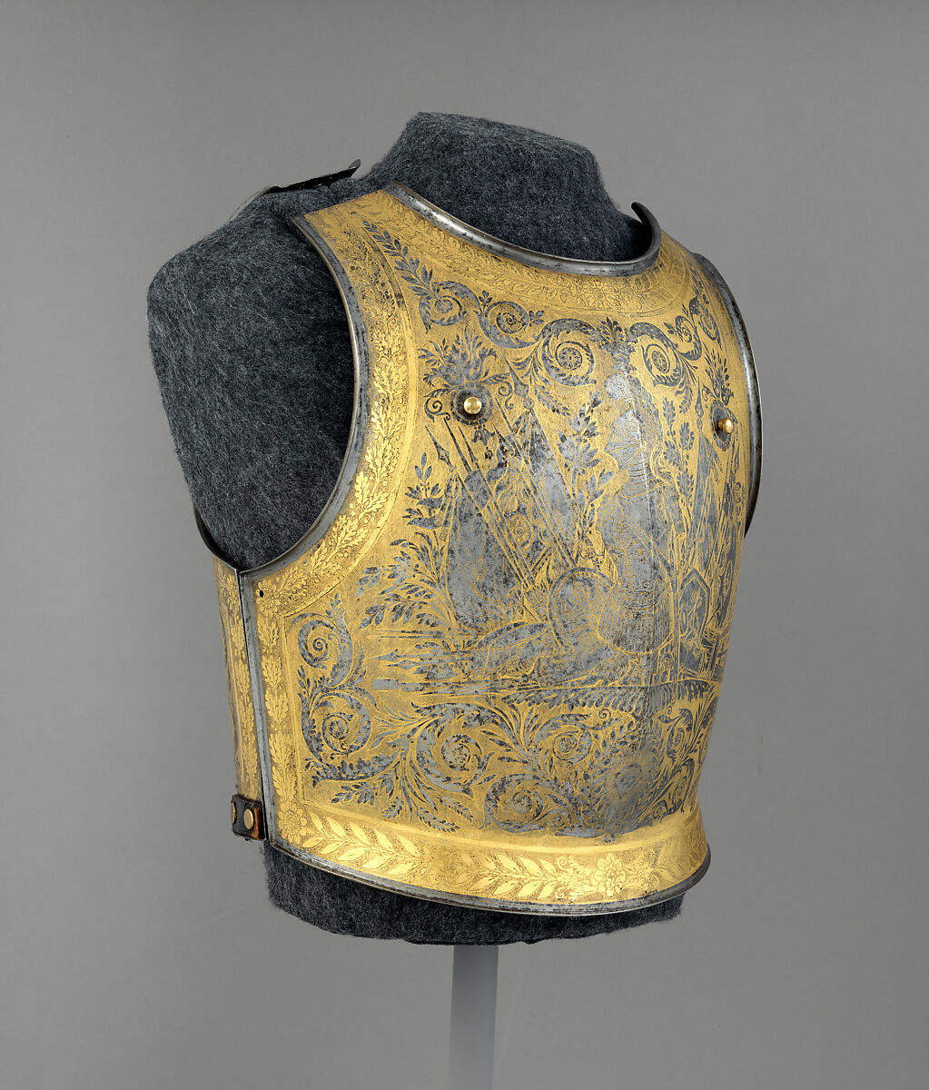 Cuirass, Manufactured at Coulaux Frères, Manufacture Royale d'Armes de Klingenthal (French, Klingenthal, Alsace 1801–1836), Steel, gold, copper alloy, leather, French, Klingenthal, Alsace