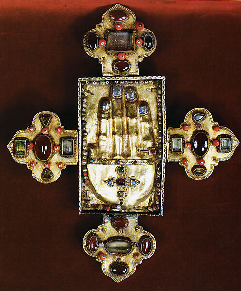Reliquary Cross with Relics of Saint John the Baptist, Silver gilded, filigree, precious and semiprecious stones, and pearl and coral buttons, Armenian 