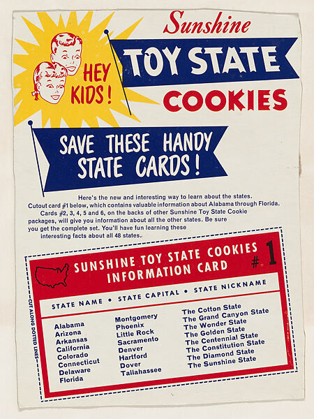 Sunshine Toy State Cookies packaging featuring card No. 1 in series, includes Alabama, Arizona, Arkansas, California, Colorado, Connecticut, Delaware, Florida (D74); issued by Sunshine Biscuits Inc., Issued by Sunshine Biscuits, Inc., Commercial color lithograph 