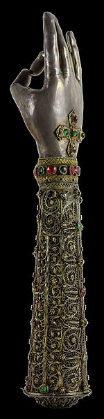Arm Reliquary of Saint Sahak Partev, Silver and silver-gilt, colored stones, filigree work, Armenian 