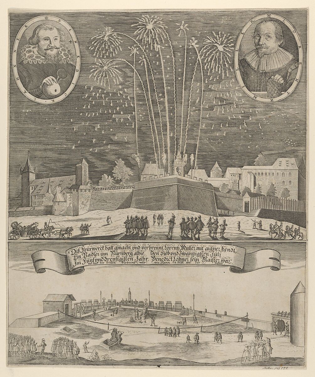 Fireworks display by Lorenz Müller as proof of mastership, Nuremberg 1635, Anonymous, Etching 