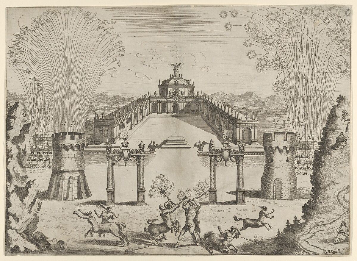Pantomime with fireworks performed for the marriage of Emperor Leopold I to the Infanta Margarita of Spain in Vienna, 1666, Melchior Küsel (German, 1626–1683), Engraving 