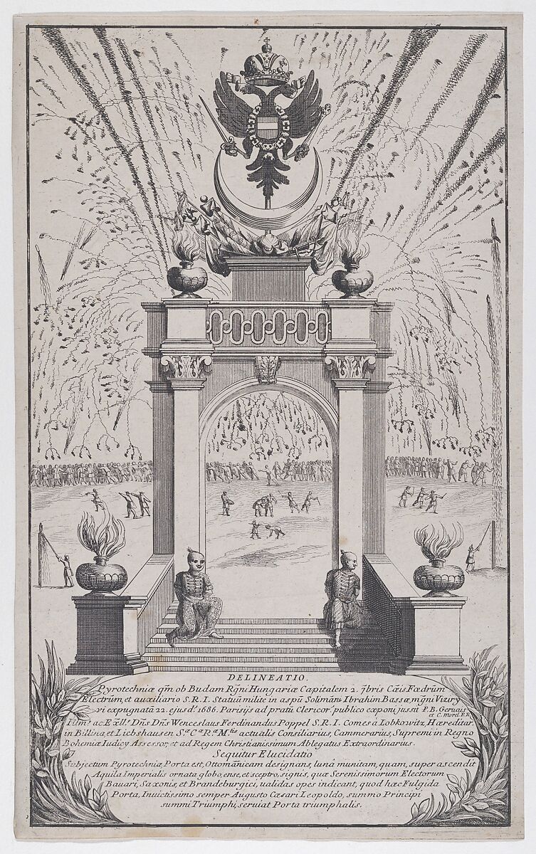 Fireworks and triumphal arch erected in Buda to celebrate the expulsion of the Turks, September 1686, Anonymous, Etching 
