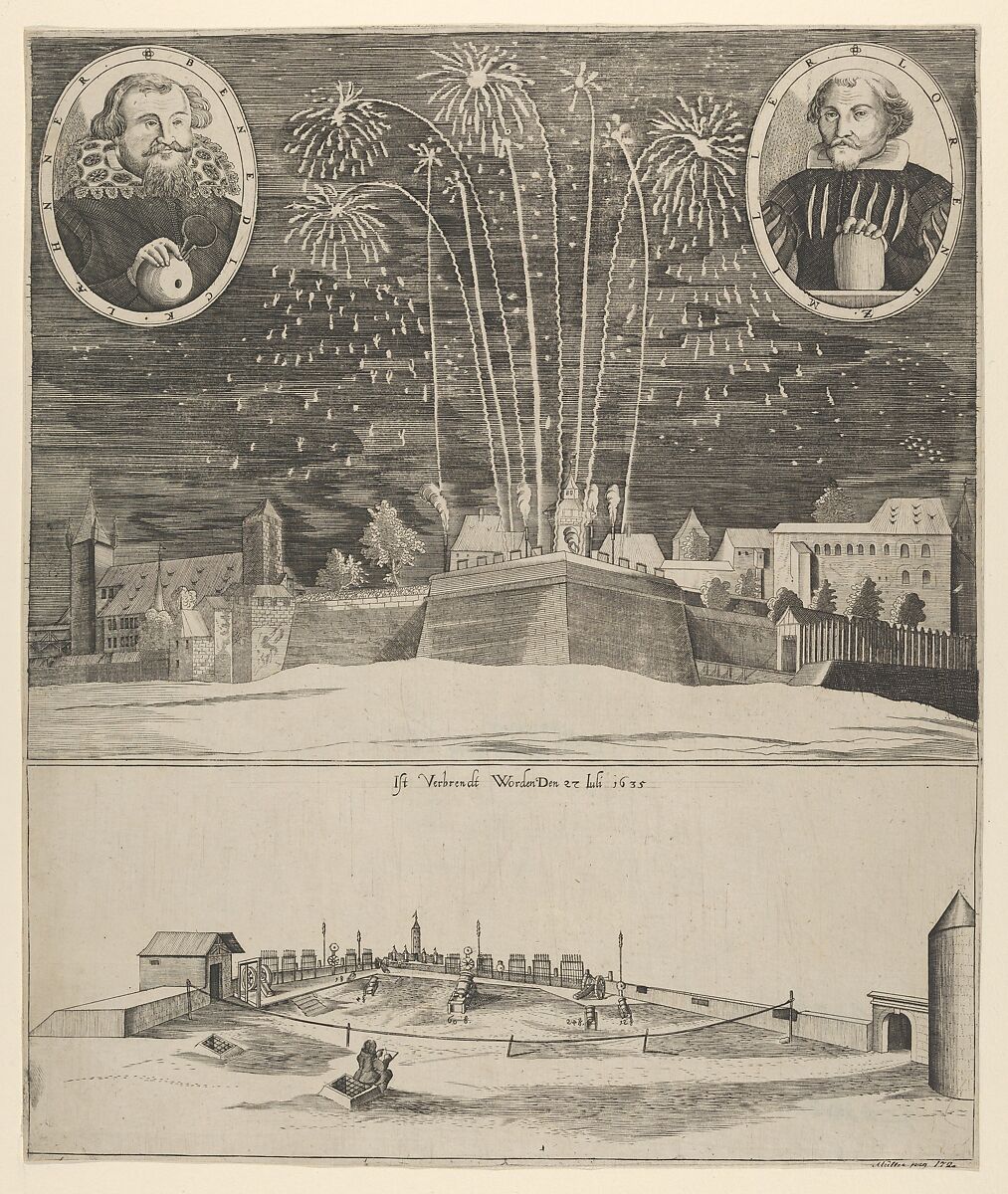 Fireworks display by Lorenz Müller as proof of his mastership, Nuremberg 1635, Anonymous, Etching, state before letters 