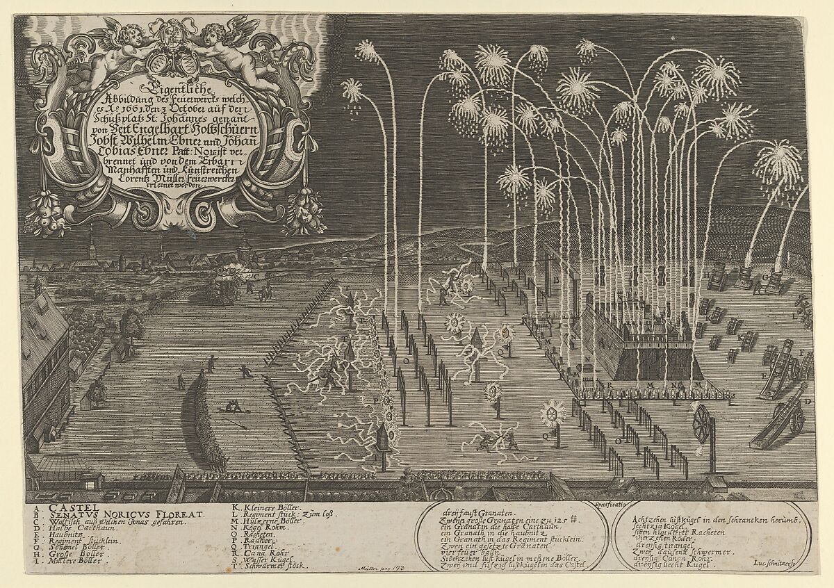 Fireworks display by Engelhart Holtzschuer, Jobst Wilhelm Ebner and Johann Tobias Ebner as proof of mastership, Nuremberg, 1661, Lukas Schnitzer (German, ca. 1633–ca. 1671), Etching 