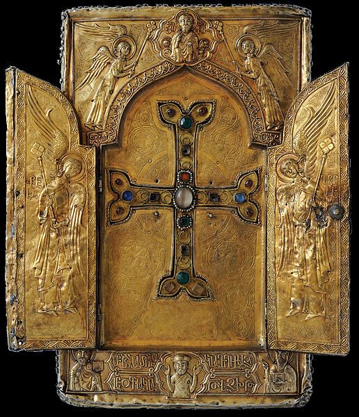 Reliquary of the "Holy Cross of the Vegetarians" (Khotakerats'), Gilded-silver plate on wood frame with pearls, crystals, and other semiprecious stones, Armenian 