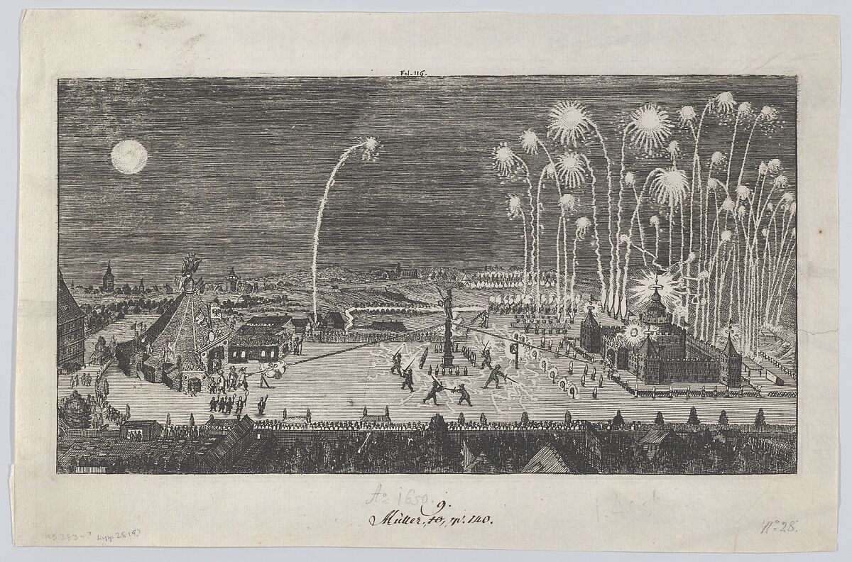 Fireworks display celebrating the end of the Thirty Years War, Nuremberg, 1650, Anonymous, Etching 