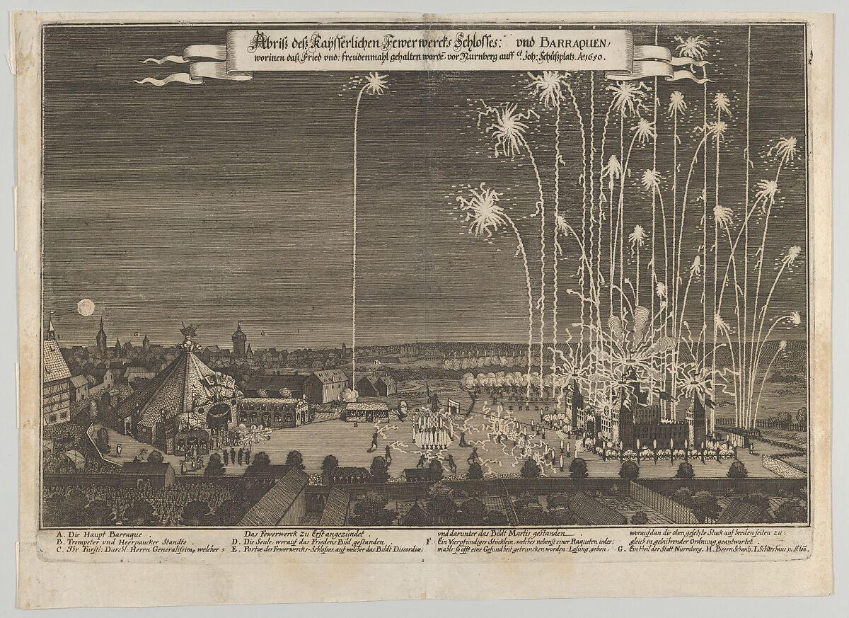 Fireworks display celebrating the end of the Thirty Years War, Nuremberg, 1650, Anonymous, Etching 